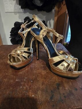 Gold Metallic High Heel Sandals - Women's Strappy Platform Heels